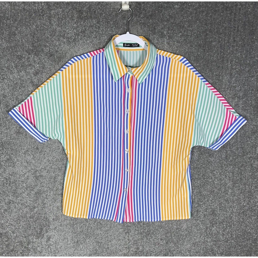 Greathe Short Sleeve Cuffed Striped Button Up Shirt Top Womens Size‎ Medium